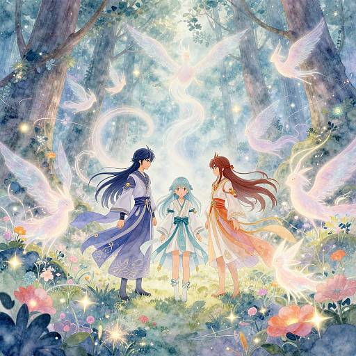 Anime-style illustration of three girls in a sunlit, enchanted forest with glowing butterflies and colorful flowers, surrounded by tall trees.