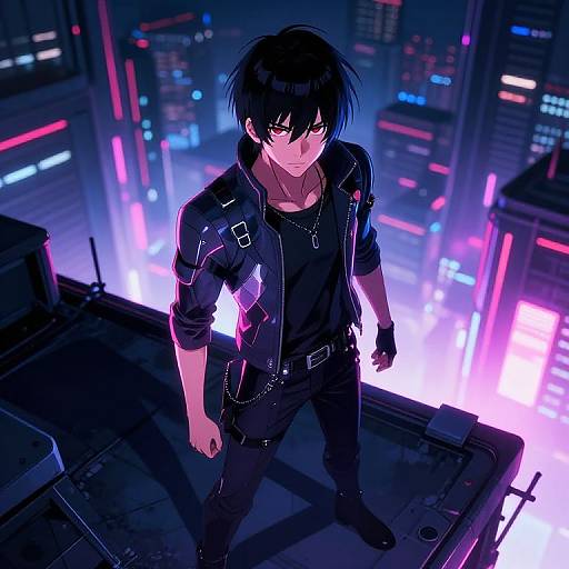 Cyberpunk anime boy with black hair, glowing eyes, and black jacket stands on rooftop, neon cityscape with vibrant lights in background. Digital art