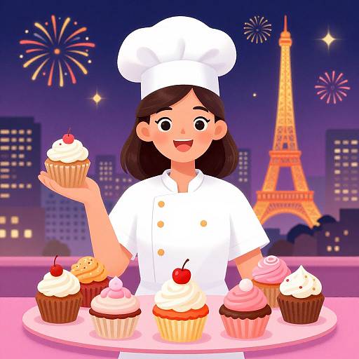 Cheerful Baker with Festive Cupcakes