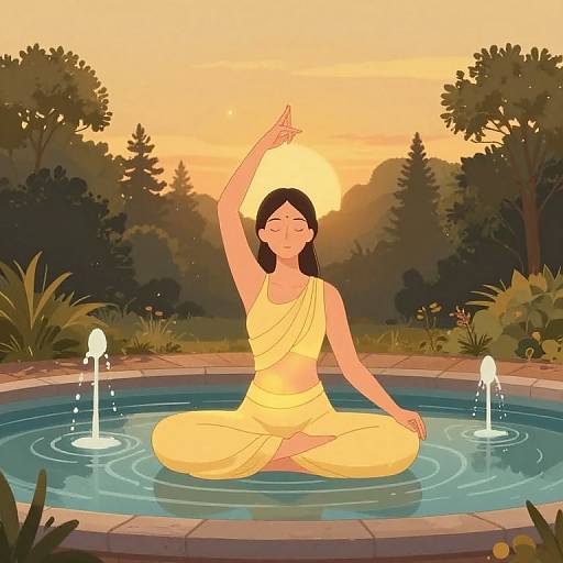 Digital illustration of a serene Asian woman in yellow traditional attire, meditating cross-legged in a tranquil garden pool at sunset, with two small fountains and