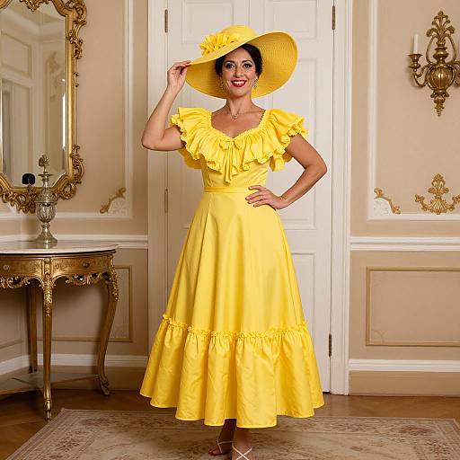 Photograph of a smiling woman in a bright yellow dress and wide-brimmed hat, standing in an elegant, ornately decorated room.