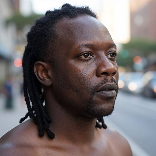 Photograph of a shirtless, dark-skinned man with short, twisted dreadlocks, gazing to the right in a blurred urban street background.