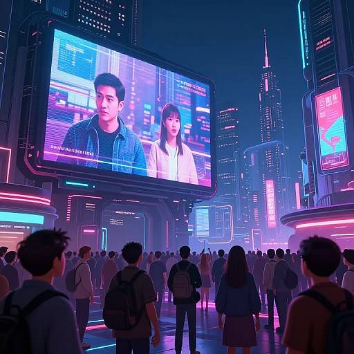 Neon-lit cyberpunk city scene with crowd watching large holographic screen of Asian couple, skyscrapers, and vibrant digital billboards. Phot