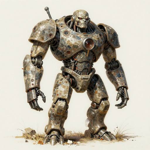 Photorealistic digital illustration of a weathered, rusted, humanoid robot with exposed mechanical joints and a sword on its back, standing on grass with