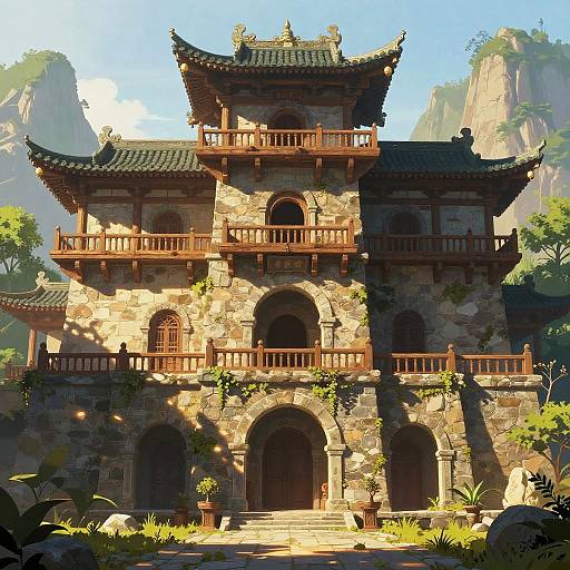 Digital painting of a traditional, multi-tiered stone Asian building with curved roofs, wooden balconies, and arched windows, set against a mountainous