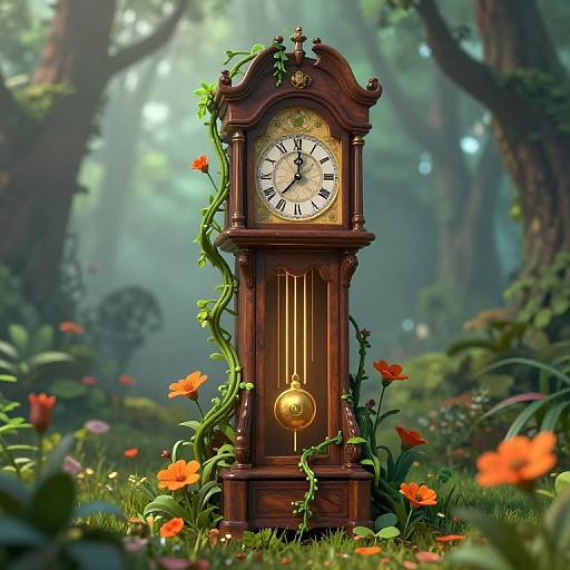 Antique wooden clock, vine-entwined, with golden pendulum, stands amidst vibrant orange flowers in a misty, enchanted forest. Digital
