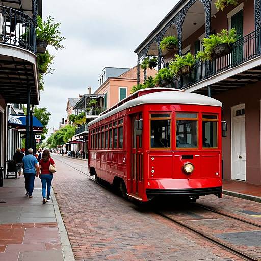Red Streetcar on Brick Street in New Orleans