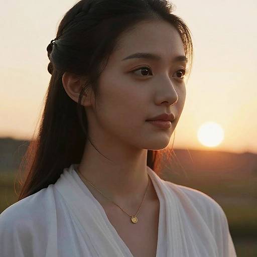 Photograph of an Asian woman with long, dark hair in a side braid, wearing a white robe, necklace, and nose ring, silhou