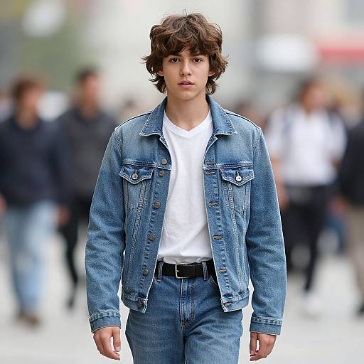 Photograph of a young man with tousled brown hair, wearing a blue denim jacket, white t-shirt, and blue jeans, walking confidently in a