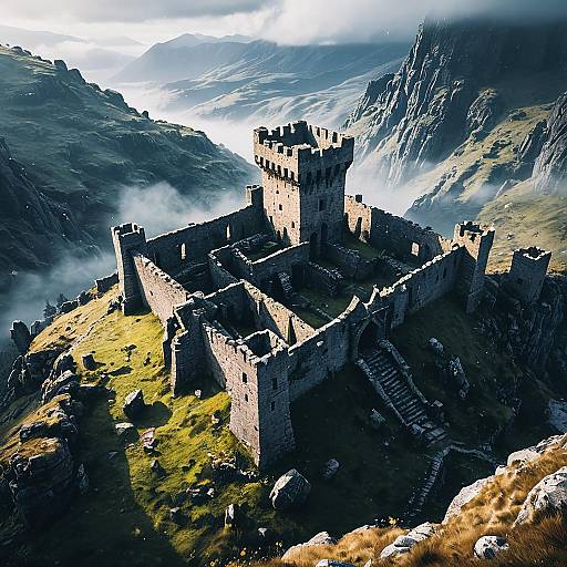 Ancient Castle Ruins in Foggy Highlands