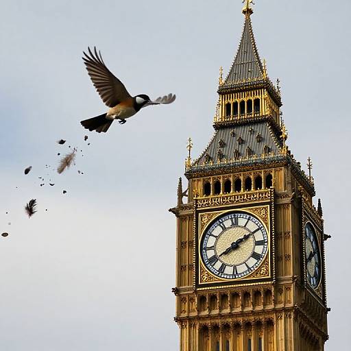 Photograph of Big Ben clock tower with a pigeon mid-flight, wings spread, scattering feathers against a clear blue sky.