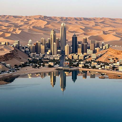 Photograph of Dubai's skyline with tall skyscrapers reflected in a calm water body, set against a backdrop of sunlit desert dunes.