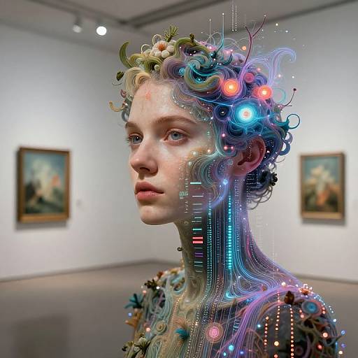 Digital art of a young woman with curly, floral and futuristic cybernetic hair in a museum, featuring glowing lights and wires.
