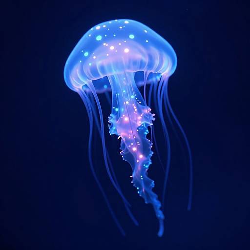 Glowing blue and purple jellyfish with bioluminescent spots, illuminated against a dark blue background, creating a mesmerizing underwater scene.