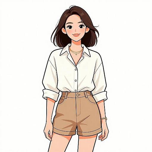 Digital anime-style drawing of a smiling woman with shoulder-length brown hair, wearing a white button-up shirt, beige high-waisted shorts, and a