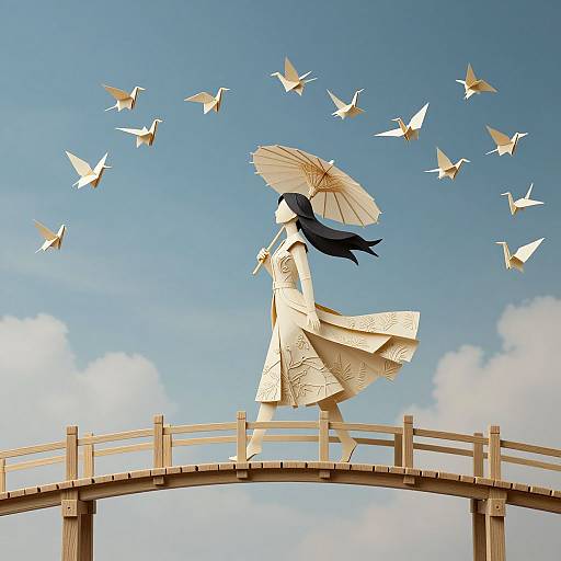 Paper-cut style illustration of a woman in a flowing dress and parasol, walking on a wooden bridge, surrounded by flying white birds, against a bright