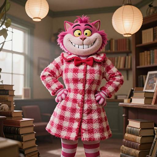 CGI image of a pink, fluffy, smiling cat in a red-and-white checkered coat, standing in a sunlit, book-filled library.