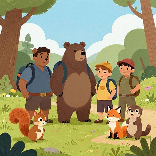 Cartoon illustration of a group: muscular man, large brown bear, two boys, fox, and squirrel, hiking in a sunny forest.