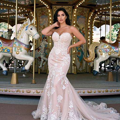 Photograph of a dark-haired woman in a strapless, white lace mermaid wedding dress, standing confidently in front of a colorful carousel with ornate