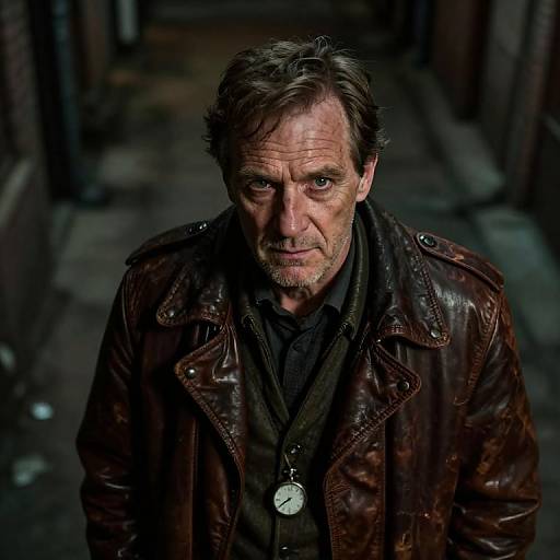 Photograph of a rugged middle-aged man with disheveled brown hair, wearing a worn leather jacket and dark shirt, standing in a dim, industrial