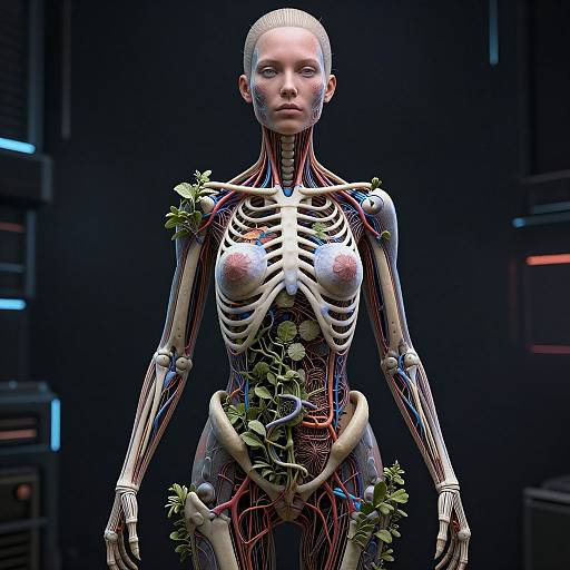 Digital artwork of a humanoid figure with exposed skeletal structure, veins, and vines, standing in a dark, futuristic lab.