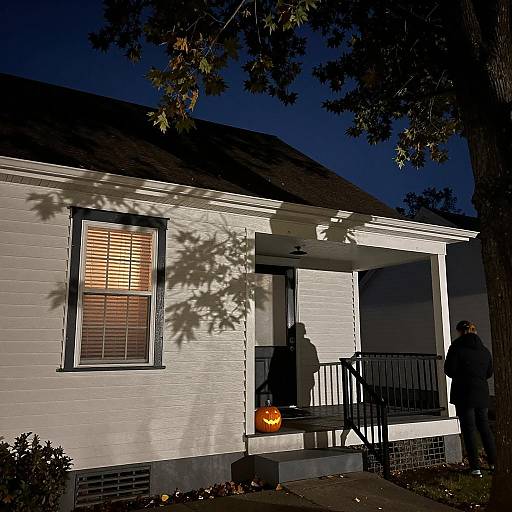 Nighttime Suburban House with Jack-O'-Lantern