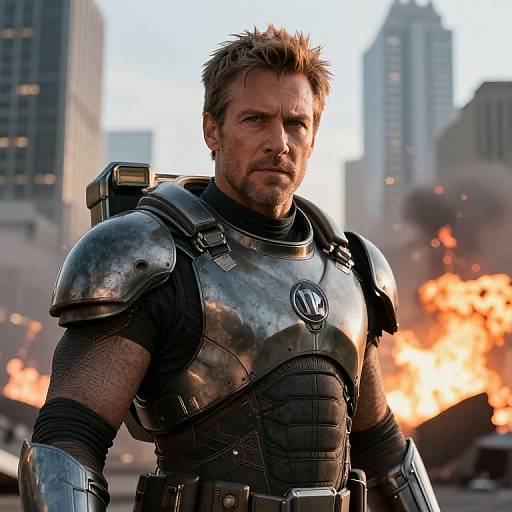 Photograph of Chris Hemsworth in metallic Iron Man armor, standing amidst a cityscape with tall buildings and fiery explosions in the background.