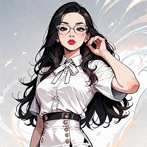 Digital illustration of an attractive Asian woman with long black hair, wearing glasses, a white blouse, and high-waisted white pants, adjusting her glasses