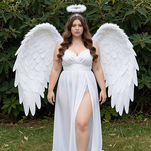Photograph of a young Asian woman with long brown hair, wearing a white angelic dress, halo, and large white feather wings, standing in a