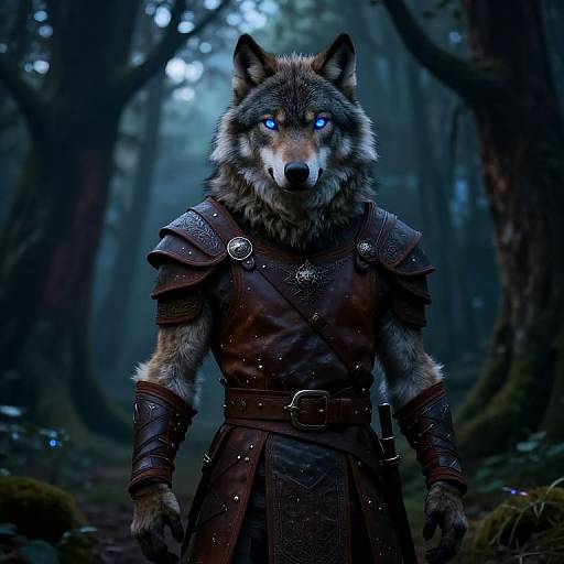 Digital artwork of a fierce anthropomorphic wolf with glowing blue eyes, wearing dark brown leather armor, standing in a dense, misty forest.