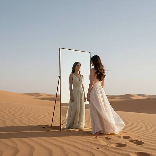 Photograph of a woman in a white, sleeveless, flowing dress standing in a desert, facing a mirror on sand dunes under a clear blue