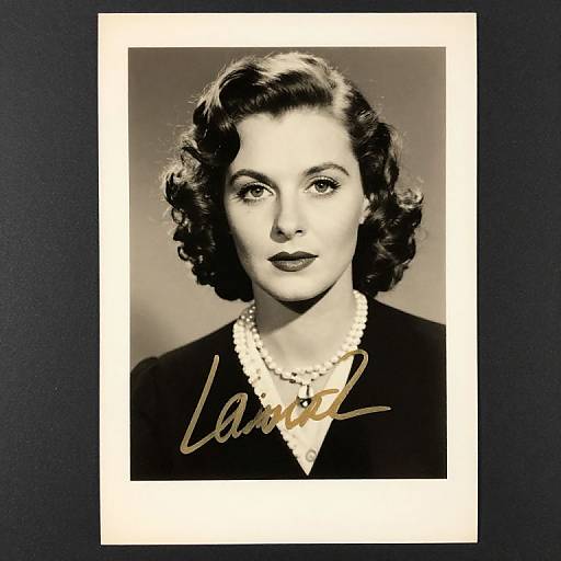 Black-and-white photograph of a 1940s-style woman with curly dark hair, wearing a pearl necklace and dark dress, signed 