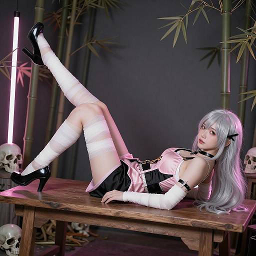 Silver-Haired Woman in Neon Scene