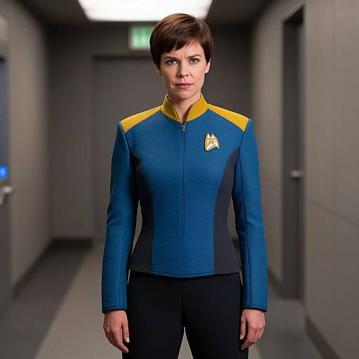 Photograph of a short-haired woman in a blue and yellow Star Trek uniform with a badge, standing in a dimly lit, gray hallway.