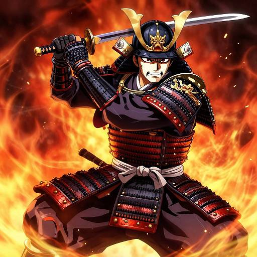 Digital anime artwork of a fierce samurai warrior, wearing black armor with red accents, holding a sword, surrounded by intense flames.