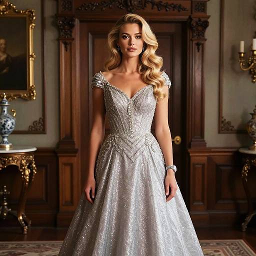 Photograph of a blonde woman with wavy hair in a shimmering silver ball gown, standing in an elegant, wood-paneled room with classical decor