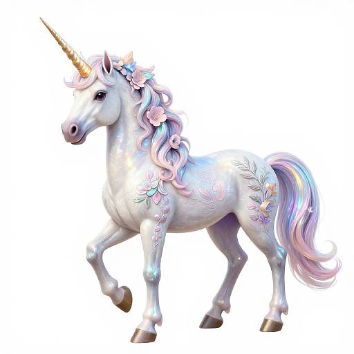 Digital illustration of a white unicorn with pastel pink and purple mane, adorned with flowers, walking on a white background.