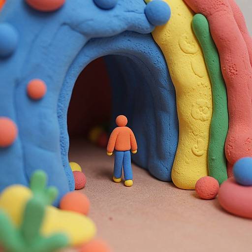 Photograph of a colorful, textured, abstract tunnel entrance with a small, orange, human-like figure standing inside, surrounded by vibrant, round shapes.