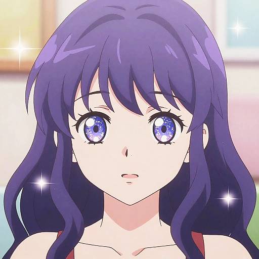 Digital anime-style drawing of a young woman with long, wavy purple hair and sparkling blue eyes, wearing a red top, set against a softly blurred
