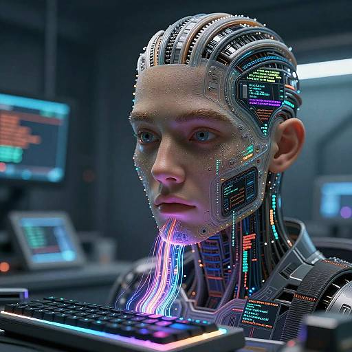 Cybernetic human with glowing, colorful circuitry on face and neck, focused on computer in dimly lit, futuristic control room. (Digital