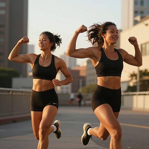 Photograph of two muscular women with tan skin, black sports bras, and shorts, running and flexing arms in a sunny urban setting.