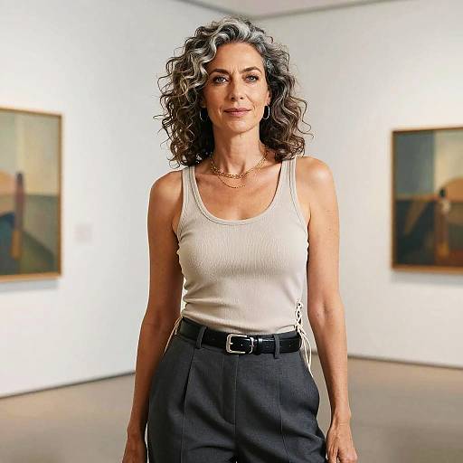 Photograph of an attractive middle-aged woman with curly gray hair, wearing a white tank top and black pants, standing in a modern art gallery with two