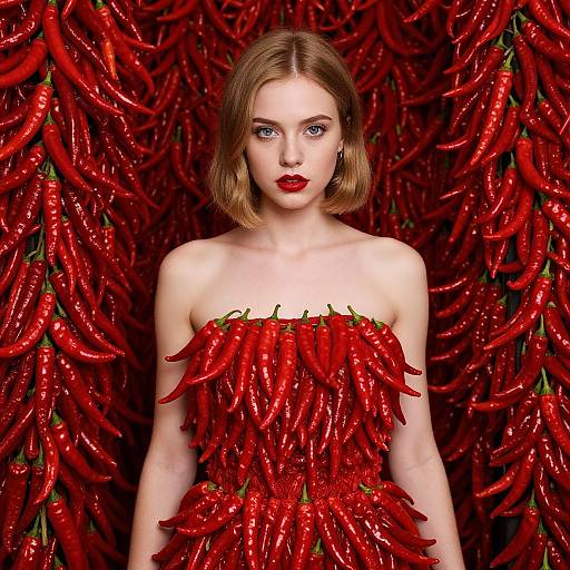 Woman in Vibrant Red Chili Pepper Dress
