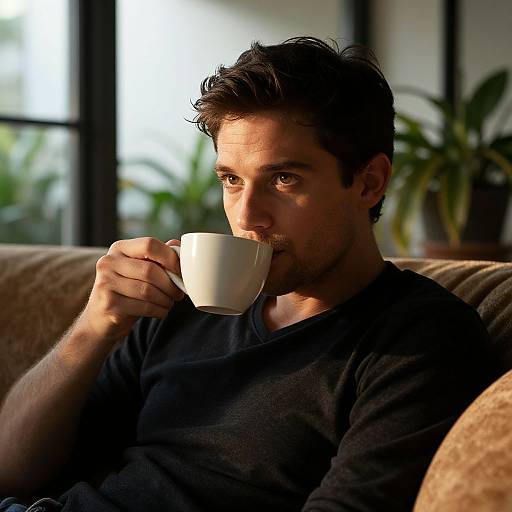 Photograph of a dark-haired man with light skin, wearing a black shirt, sipping from a white cup, seated on a beige sofa, sunlight