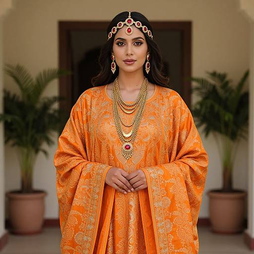 Elegantly Adorned Woman in Orange Robe
