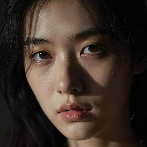Close-up photograph of a young Asian woman with wet, dark hair, and tear-streaked face, lit from the left, highlighting her somber