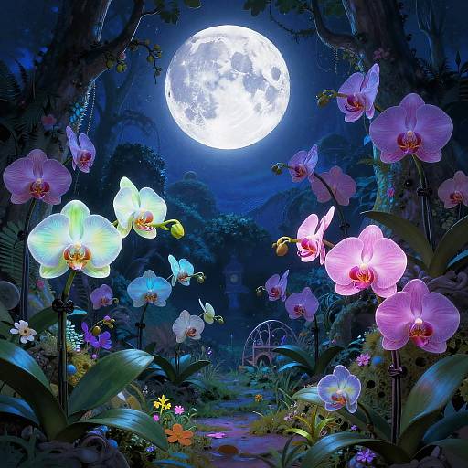 Digital painting of a moonlit forest with glowing pink and white orchids, vibrant butterflies, and a bright full moon in the background.