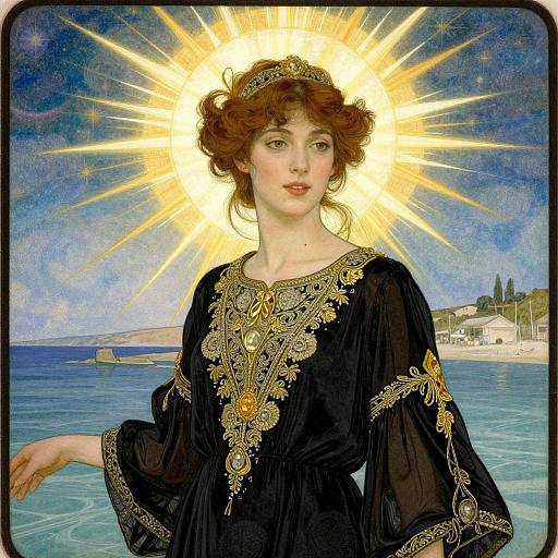 Digital painting of a fair-skinned woman with curly brown hair, wearing an ornate black dress with gold embroidery, radiating a glowing halo, against