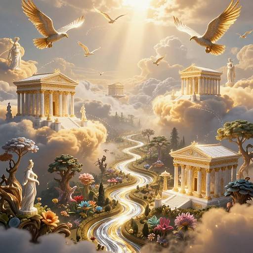 Digital fantasy artwork: Sunlit, cloud-covered landscape with golden classical temples, winding river, blooming flowers, statues, and soaring golden eagles.