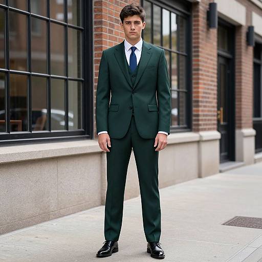 Photograph of a handsome young man with short dark hair, wearing a dark green suit, white shirt, and black tie, standing on a city sidewalk